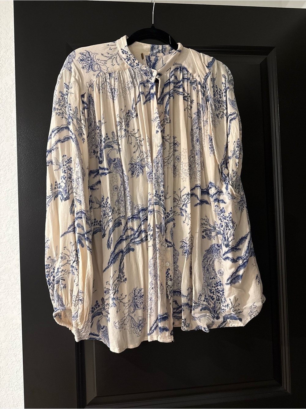 Free People Cream Blouse with Blue Toile Print
